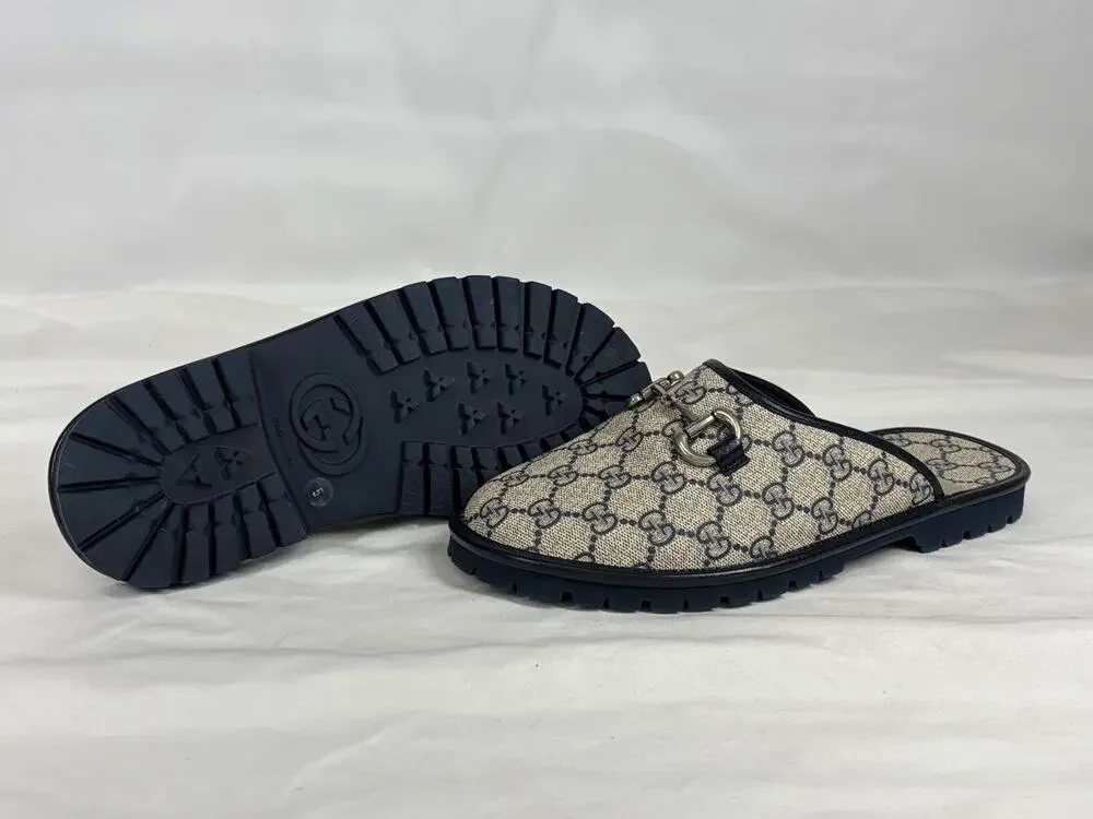 GUCCI Mule Slippers GG Navy Monogram & Silver tone Horsebit Size 5 SPB JA-368398